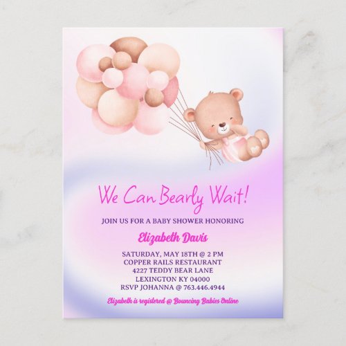 We Can Bearly Wait Pink Purple Girl Baby Shower Postcard