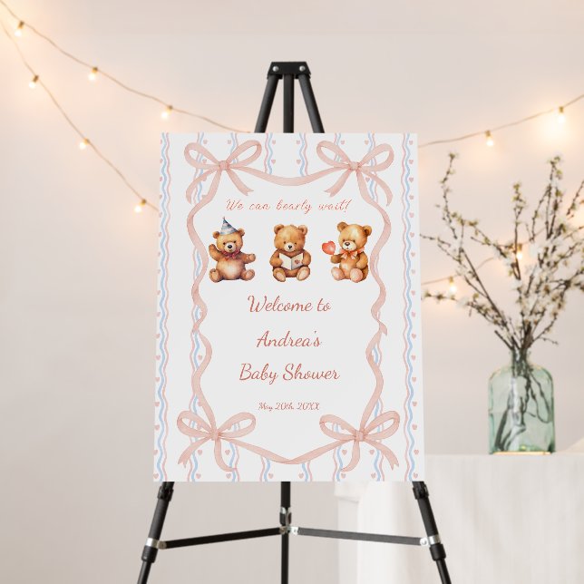 We Can Bearly Wait Pink Ribbon Baby Shower Welcome Foam Board (In Situ (Stand))
