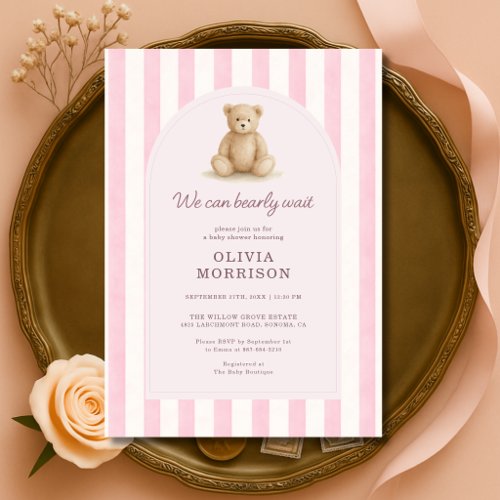 We Can Bearly Wait Pink Stripes Baby Shower Invitation