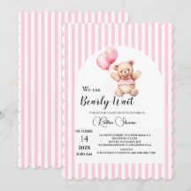 We can bearly wait pink stripped baby shower