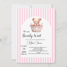 We can bearly wait pink stripped baby shower