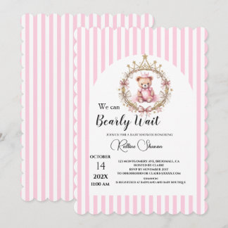 We can bearly wait pink stripped baby shower invitation