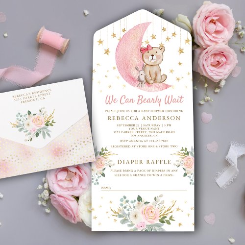 We Can Bearly Wait Pink Teddy Bear Baby Shower All In One Invitation
