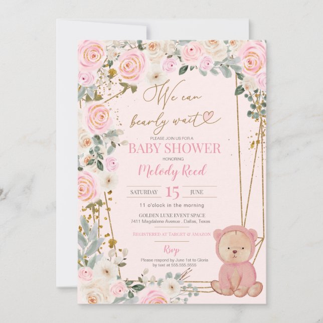 We Can Bearly Wait Pink Teddy Bear Baby Shower Inv Invitation (Front)