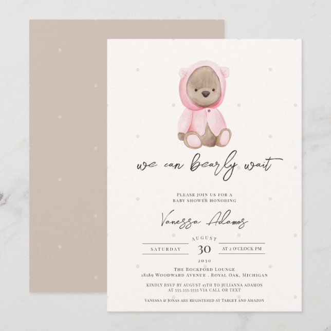 We Can Bearly Wait, Pink Teddy Bear Baby Shower Invitation (Front/Back)
