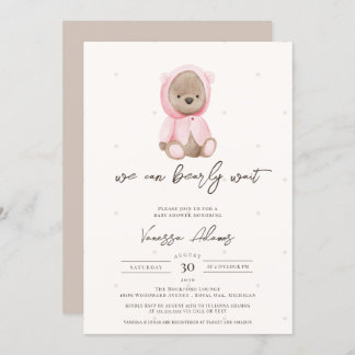We Can Bearly Wait, Pink Teddy Bear Baby Shower Invitation