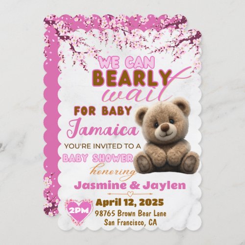 We can Bearly Wait  Pink Teddy Bear Baby Shower Invitation