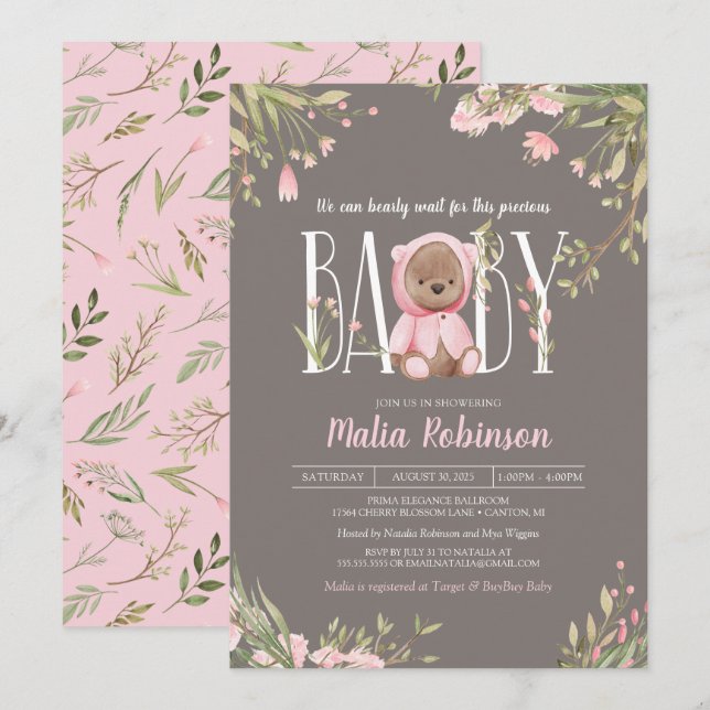 We Can Bearly Wait Pink Teddy Bear Baby Shower Invitation (Front/Back)