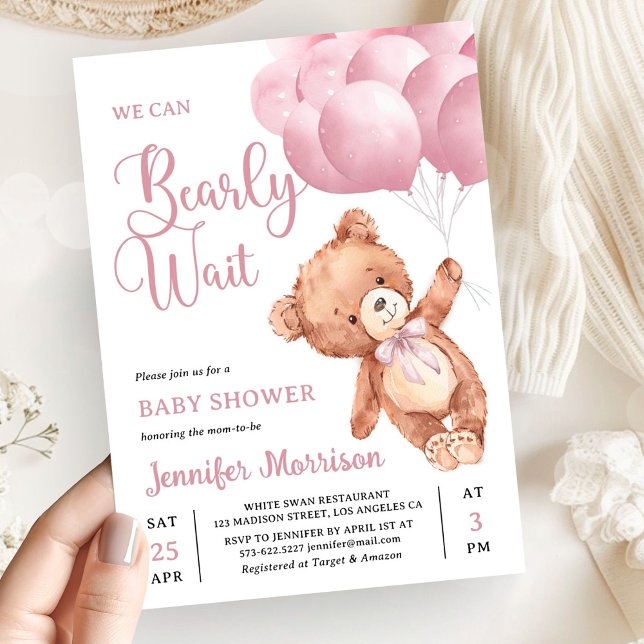 We Can Bearly Wait Pink Teddy Bear Baby Shower Invitation (Creator Uploaded)