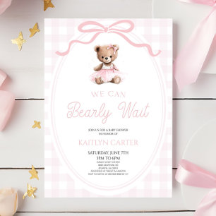 We Can Bearly Wait Pink Teddy Bear Baby Shower Invitation