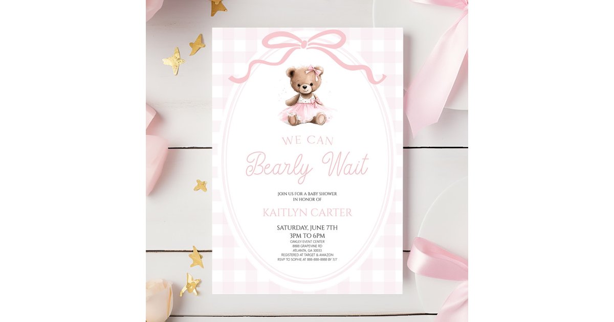 We Can Bearly Wait Pink Teddy Bear Baby Shower Invitation | Zazzle