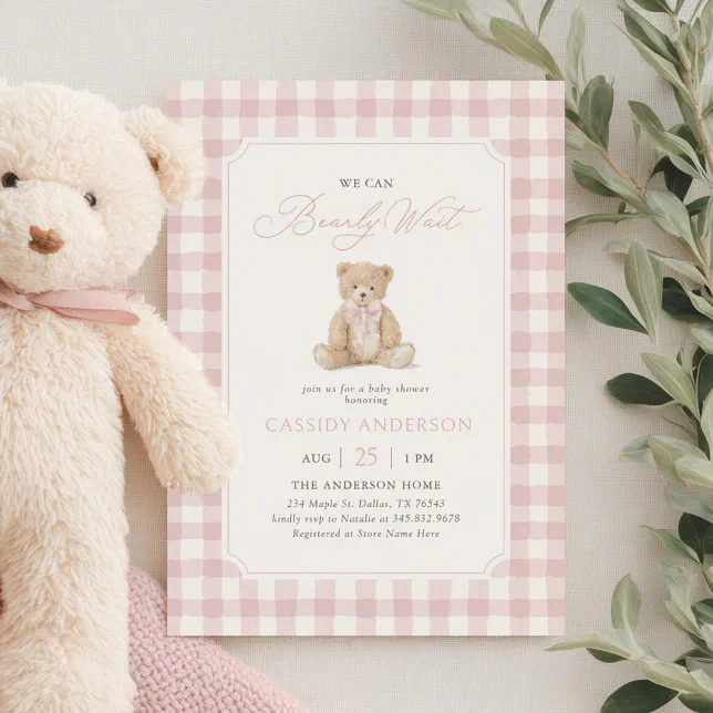 We Can Bearly Wait Pink Teddy Bear Baby Shower Invitation | Zazzle