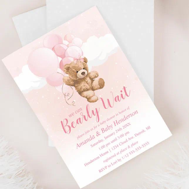 We can Bearly Wait Pink Teddy Bear Baby Shower Invitation | Zazzle