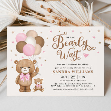 We Can Bearly Wait Pink Teddy Bear Baby Shower Invitation