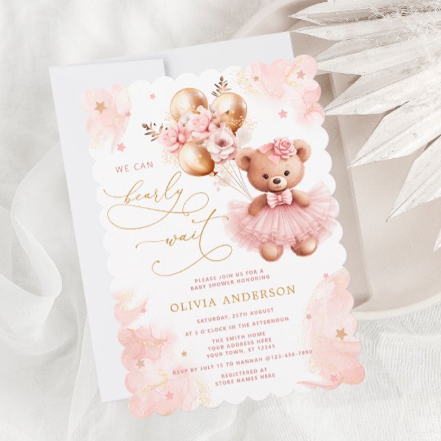 We Can Bearly Wait Pink Teddy Bear Baby Shower Invitation (Creator Uploaded)