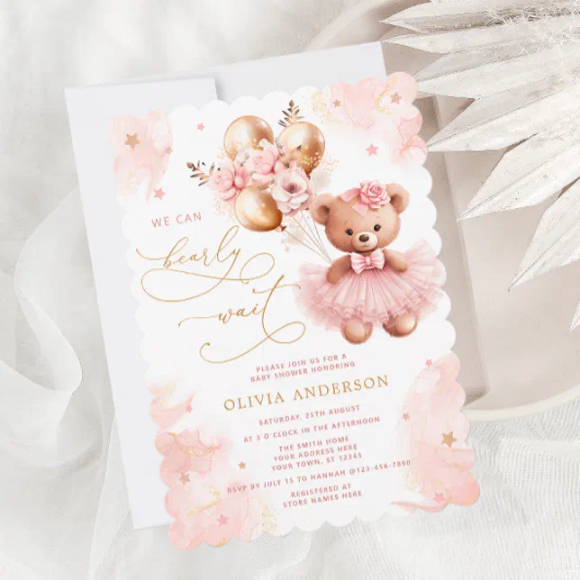We Can Bearly Wait Pink Teddy Bear Baby Shower Invitation | Zazzle