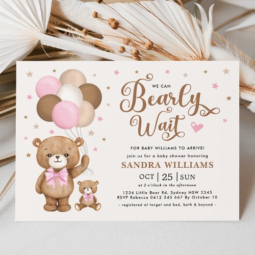 We Can Bearly Wait Pink Teddy Bear Baby Shower Invitation