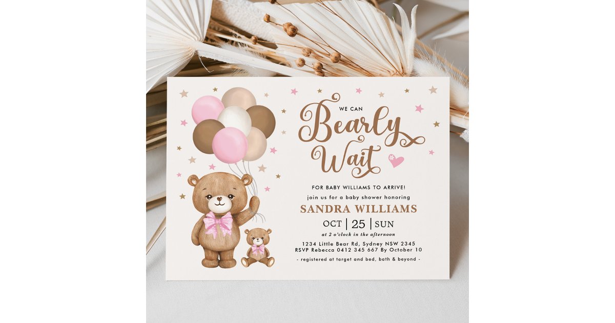 We Can Bearly Wait Pink Teddy Bear Baby Shower Invitation | Zazzle