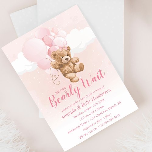 We can Bearly Wait Pink Teddy Bear Baby Shower Invitation