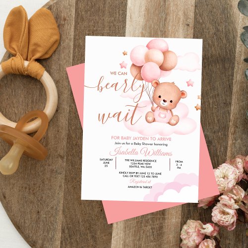 We Can Bearly Wait Pink Teddy Bear Baby Shower Invitation