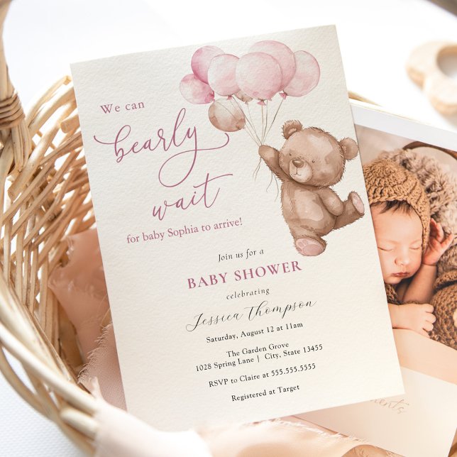 We Can Bearly Wait Pink Teddy Bear Baby Shower Invitation (Creator Uploaded)