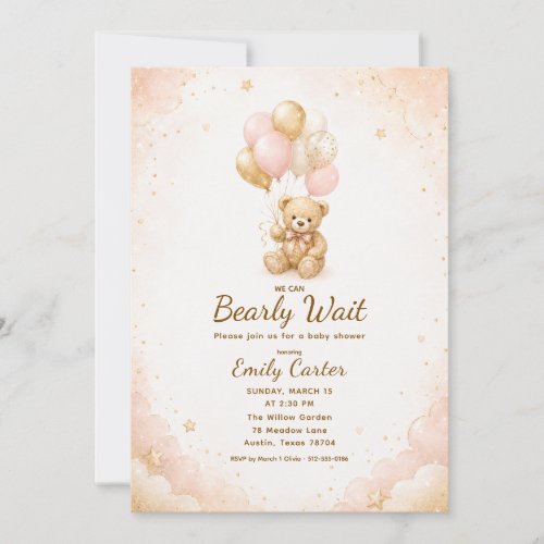 We Can Bearly Wait Pink Teddy Bear Baby Shower Invitation