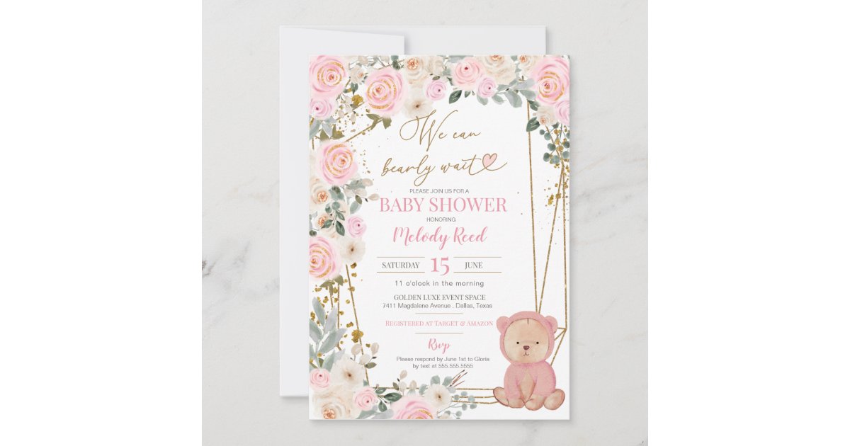 We Can Bearly Wait Pink Teddy Bear Baby Shower Invitation | Zazzle