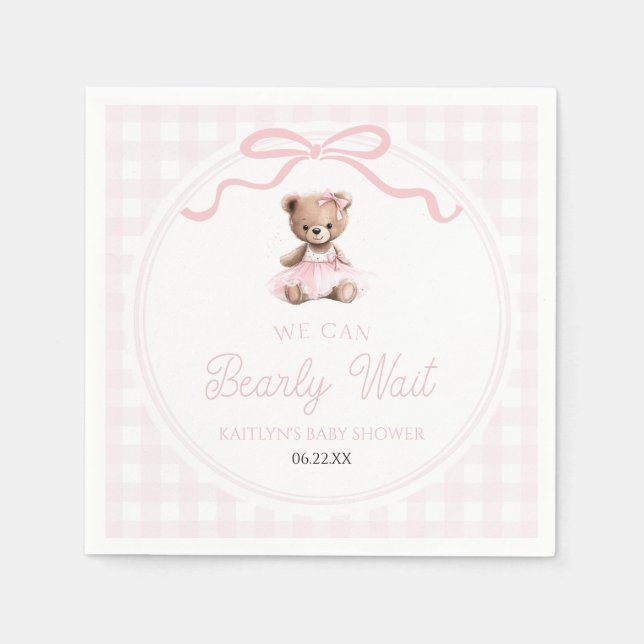 We Can Bearly Wait Pink Teddy Bear Baby Shower Napkins (Front)