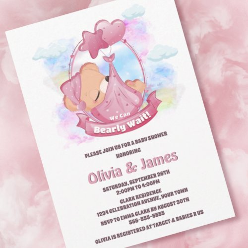 We Can Bearly Wait Pink Teddy Bear Balloons Invitation