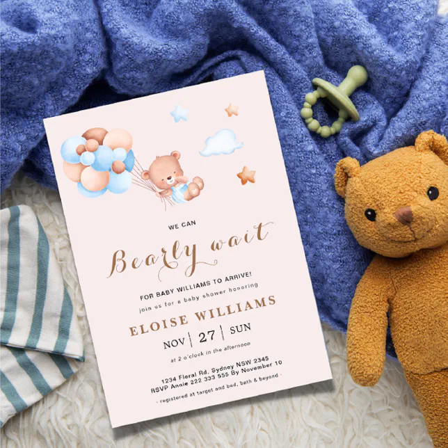 We can bearly wait Pink Teddy bear balloons Invitation | Zazzle