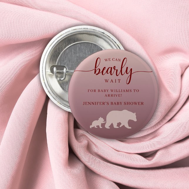 We Can Bearly Wait Pink Woodland Baby Shower Button (Creator Uploaded)