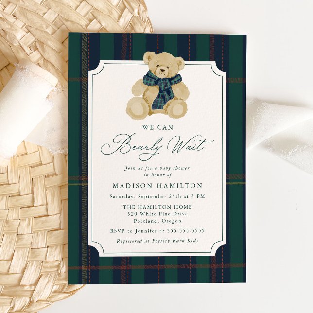We Can Bearly Wait Plaid Teddy Bear Baby Shower Invitation (Creator Uploaded)