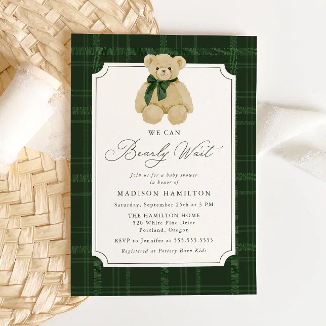 We Can Bearly Wait Plaid Teddy Bear Baby Shower Invitation | Zazzle