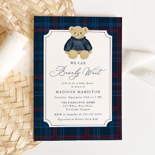 We Can Bearly Wait Plaid Teddy Bear Baby Shower Invitation
