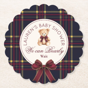 We can bearly wait Plaid teddy bear Baby Shower Paper Coaster