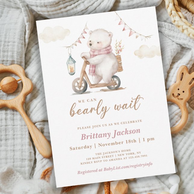 We can Bearly Wait Polar Bear Baby Shower Pink Invitation (Creator Uploaded)