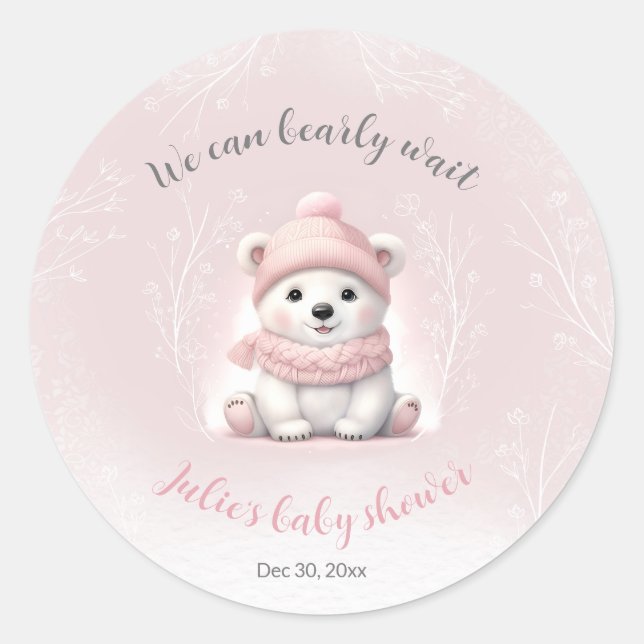 We Can Bearly Wait Polar Bear Pink Baby Shower Classic Round Sticker (Front)