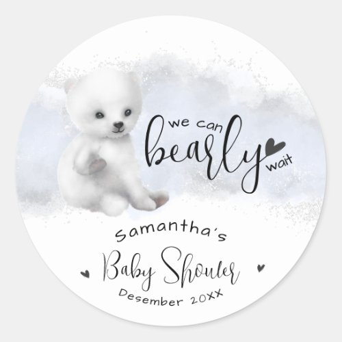 We can bearly wait polar bear Winter Baby Shower Classic Round Sticker