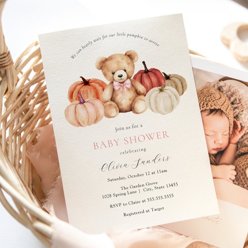 We Can Bearly Wait Pumpkin Teddy Bear Baby Shower Invitation