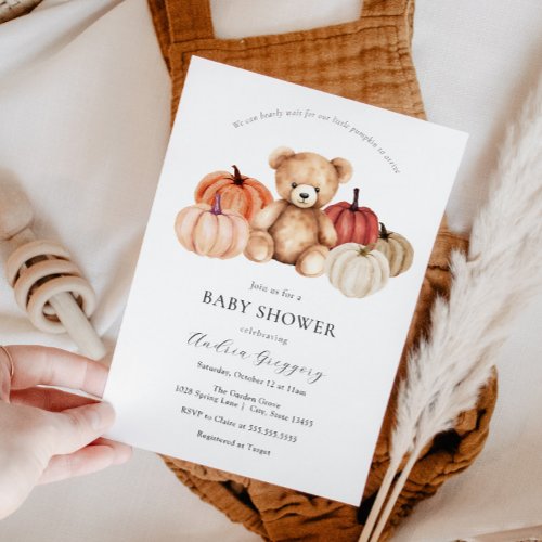 We Can Bearly Wait Pumpkin Teddy Bear Baby Shower Invitation