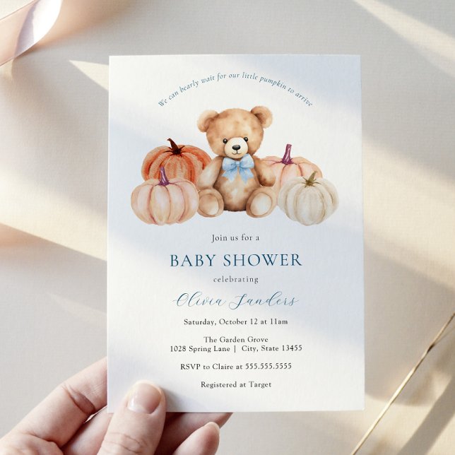 We Can Bearly Wait Pumpkin Teddy Bear Baby Shower Invitation (Creator Uploaded)