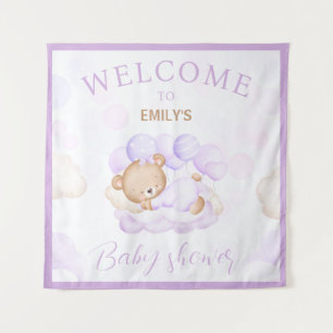 We Can Bearly Wait Purple Baby shower Welcome Sign Tapestry