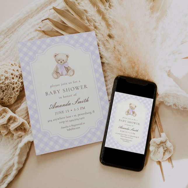 We Can Bearly Wait Purple Gingham Teddy Bear Baby Invitation (Creator Uploaded)