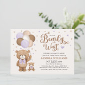 We Can Bearly Wait Purple Teddy Bear Baby Shower Invitation (Standing Front)