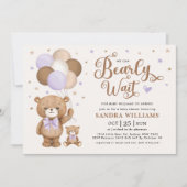 We Can Bearly Wait Purple Teddy Bear Baby Shower Invitation (Front)