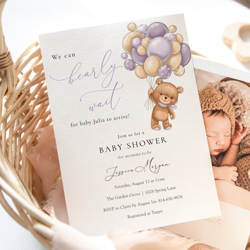 We Can Bearly Wait Purple Teddy Bear Baby Shower Invitation
