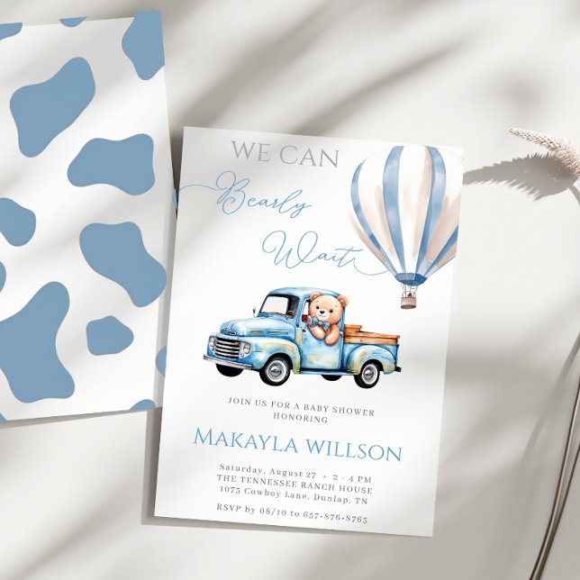We Can Bearly Wait Rustic Blue Teddy Baby Shower Invitation (Creator Uploaded)