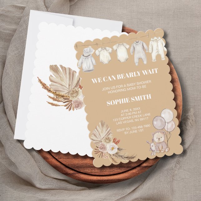 We Can Bearly Wait Rustic Boho Pampas Baby Shower Invitation (Creator Uploaded)