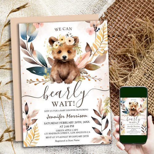 We Can Bearly Wait  Rustic Woodland Baby Shower Invitation