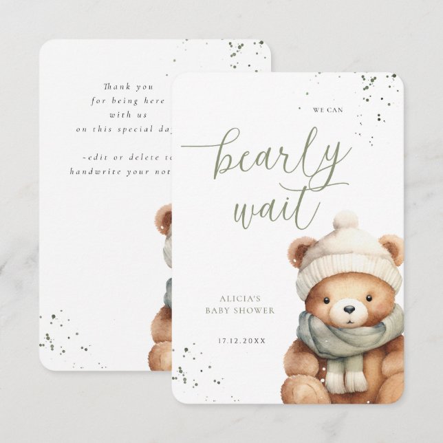 We Can Bearly Wait Sage and Beige Thank You Card (Front/Back)